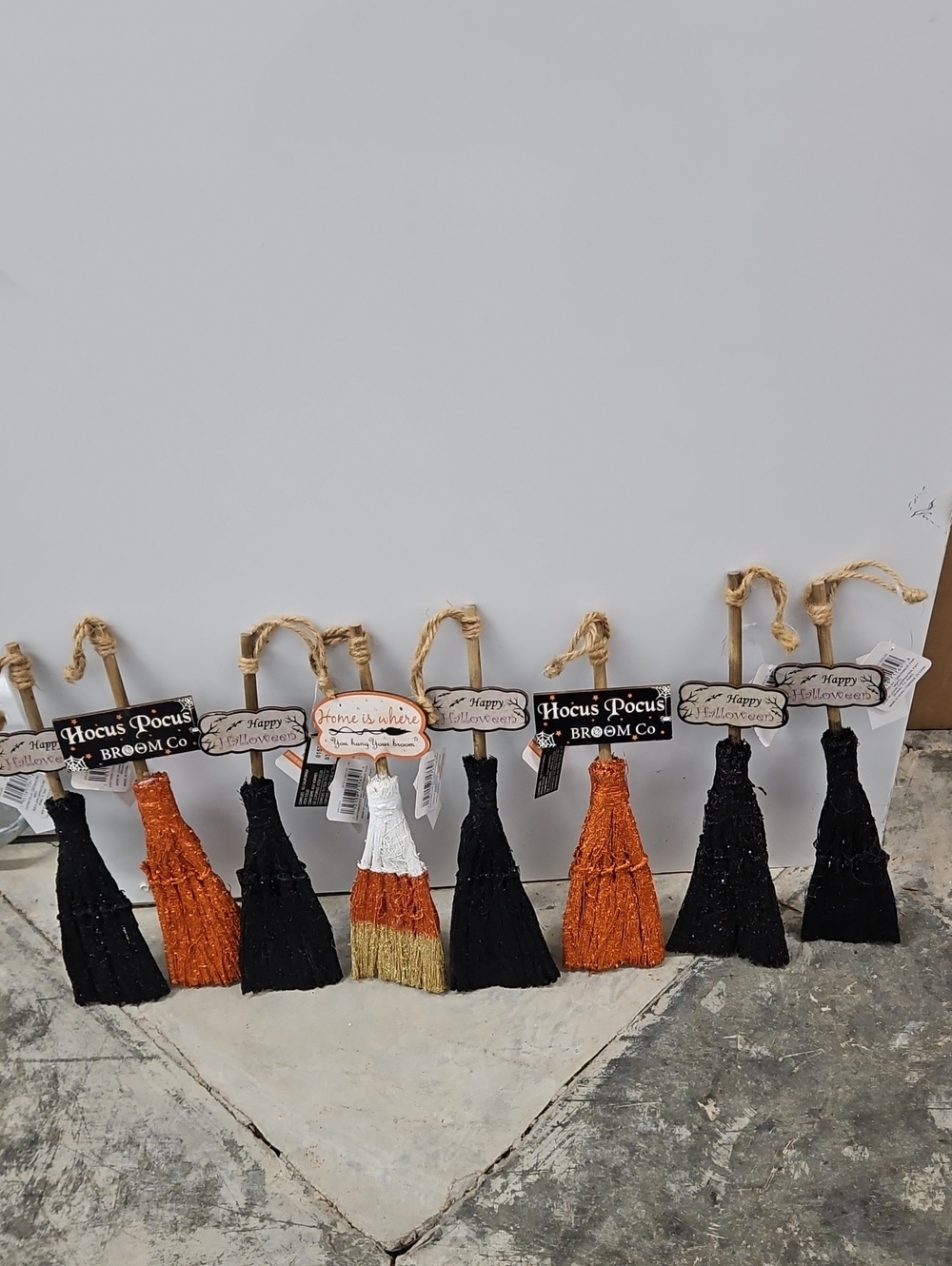 Halloween Mini Glittery Broom With Little Plaque And Twine Hanger - 8 Count